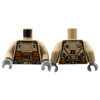 dark tan torso armor reddish brown and dark bluish gray trim dark orange pouches pattern dark tan arms dark bluish gray hands