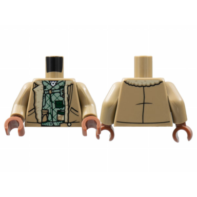 dark tan torso bomber jacket sand green shirt with green diagonal lines pouches pattern dark tan arms reddish brown hands