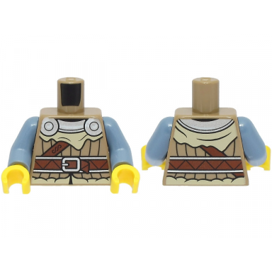 dark tan torso viking jacket with tan fur silver collar and shoulder disks reddish brown strap and belt with buckle pattern sand blue arms yellow hands