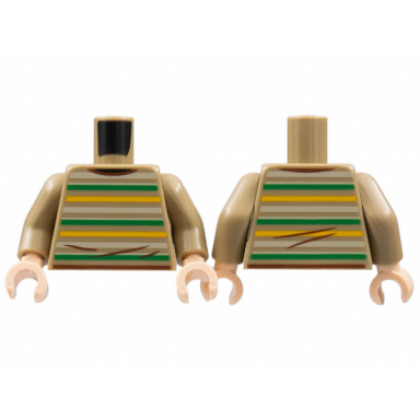 dark tan torso sweater with bright light orange green and tan stripes reddish brown hems and wrinkles pattern dark tan arms light nougat hands