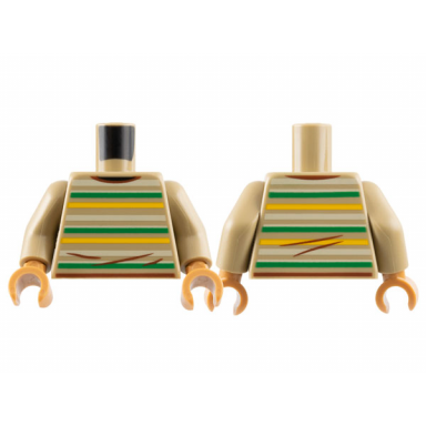 dark tan torso sweater with bright light orange green and tan stripes reddish brown hems and wrinkles pattern dark tan arms medium nougat hands