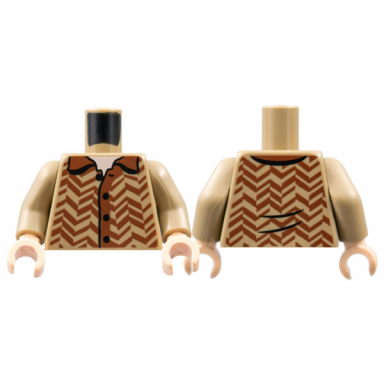 dark tan torso shirt with 4 black buttons reddish brown collar and zigzag stripes light nougat neck pattern dark tan arms light nougat hands