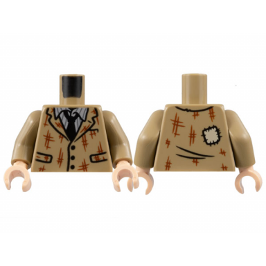 dark tan torso jacket with reddish brown scuffs and hashmarks striped shirt black tie patch on back pattern dark tan arms light nougat hands