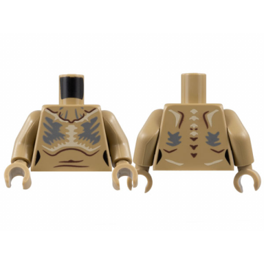 dark tan torso alien dark brown contour lines tan and dark bluish gray markings and chest hair pattern dark tan arms dark tan hands
