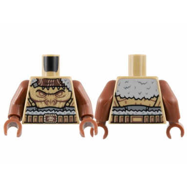 dark tan torso fur trim coat dark brown collar gorilla face belt pattern reddish brown arms reddish brown hands