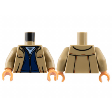 dark tan torso open jacket with pockets dark blue sweater with zipper and bright light blue shirt pattern dark tan arms nougat hands