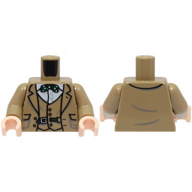 dark tan torso suit jacket and vest white shirt dark green bow tie with polka dots belt with silver buckle pattern dark tan arms light nougat hands