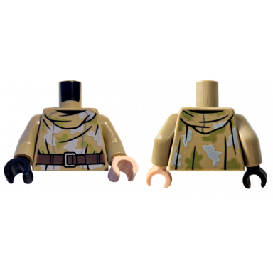 dark tan torso hooded shirt camouflage with lime and light bluish gray spots and dark brown belt pattern dark tan arms light nougat hand left black hand right