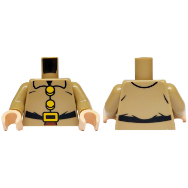 dark tan torso jacket with collar over reddish brown shirt black belt bright light orange buckle and buttons with lines between pattern dark tan arms light nougat hands