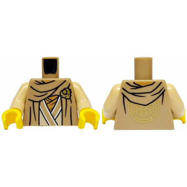 dark tan torso robe over tan tunic with white hems medium nougat wraps gold dragon head hood and flower medallion on back pattern tan arms yellow hands