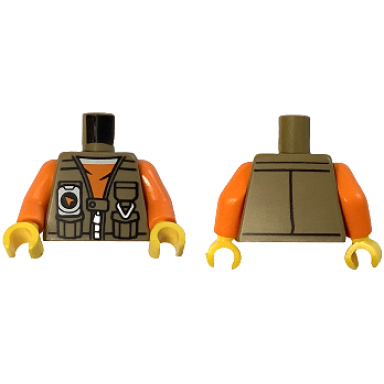 dark tan torso vest with pockets silver zipper and gps with compass over orange shirt with white collar pattern orange arms yellow hands
