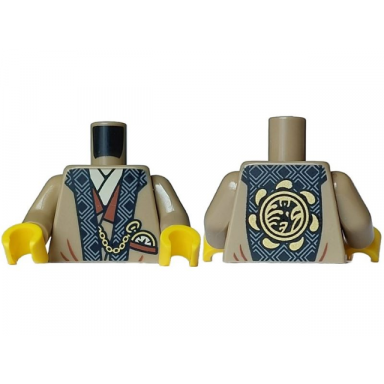 dark tan torso robe with black and light bluish gray hems over tan shirt reddish brown pocket gold watch black circle with ninjago logogram t of s on back pattern dark tan arms yellow hands