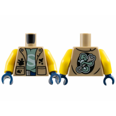 dark tan torso vest with black pockets and splotches over sand green t-shirt snake and wrench on back pattern yellow arms dark blue hands