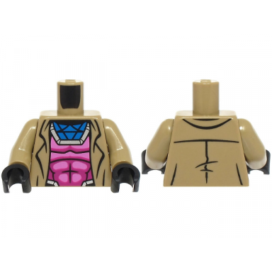 dark tan torso jacket open over dark pink and magenta super hero costume with muscles outline silver and blue collar pattern dark tan arms black hands