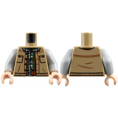 dark tan torso vest open with pockets reddish brown dark bluish gray light bluish gray and dark green plaid shirt belt with silver buckle pattern light bluish gray arms light nougat hands