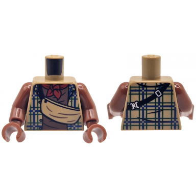 dark tan torso plaid shirt open with blue lines shoulder bag with black strap reddish brown undershirt and dark red scarf pattern reddish brown arms reddish brown hands