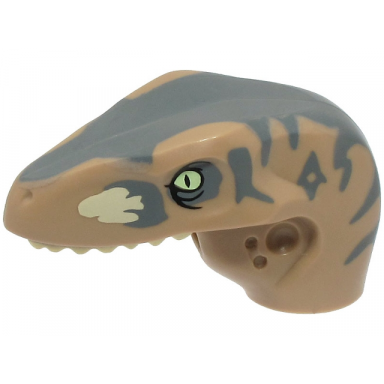 dark tan dinosaur head raptor with pin hole with tan teeth and dark bluish gray stripes and markings pattern