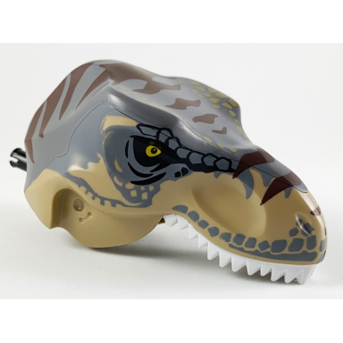 dark tan dinosaur head tyrannosaurus rex with pin white teeth dark bluish gray top and dark brown stripes pattern