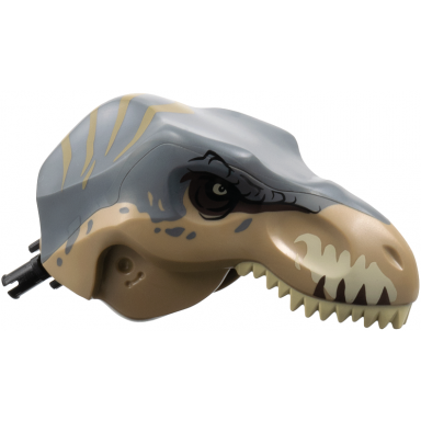 dark tan dinosaur head tyrannosaurus rex with dark bluish gray top and black pin with tan teeth and dark tan stripes pattern