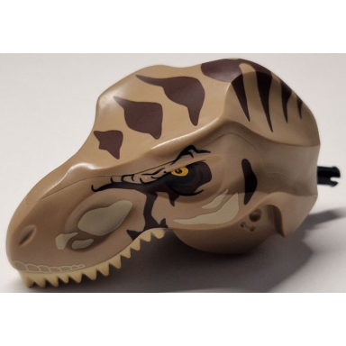 dark tan dinosaur head tyrannosaurus rex with pin tan teeth and spots and dark brown stripes pattern