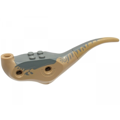 dark tan dinosaur body raptor with dark bluish gray top stripes and spots pattern