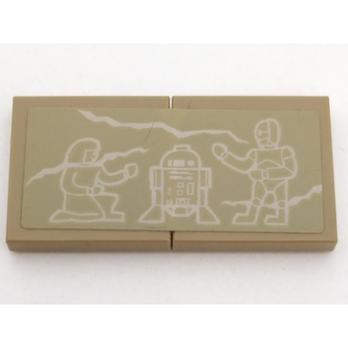 dark tan stickered assembly 4 x 2 with white cracks ancient egyptian r2-d2 and c-3po pattern sticker - set 7621 - 2 tile 2 x 2