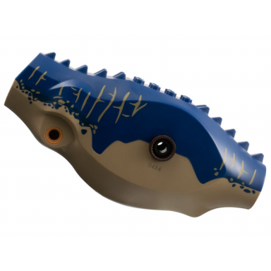 dark tan dinosaur body indominus rex carnotaurus allosaurus with dark blue top with spots and stripes pattern
