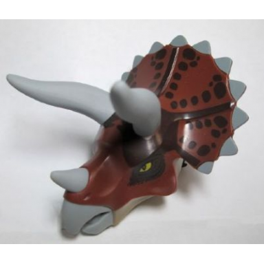 dark tan dinosaur head triceratops with pin light bluish gray horns and beak reddish brown top with dark brown pattern