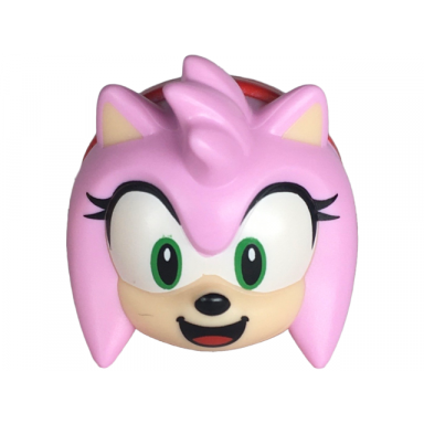 minifigure head modified hedgehog with molded light nougat face and inner ears and printed bright green eyes on white background black eyelashes nose and open mouth smile red tongue and hairband pattern