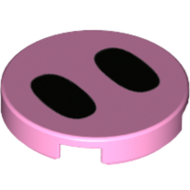 bright pink tile round 2 x 2 with bottom stud holder with black ovals pattern pig nose