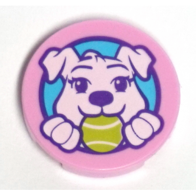 bright pink tile round 2 x 2 with bottom stud holder with puppy dog holding ball in mouth pattern