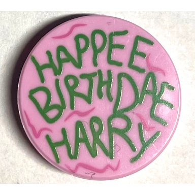 bright pink tile round 2 x 2 with bottom stud holder with green happee birthdae harry dark pink swirls pattern