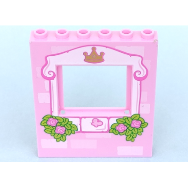 bright pink panel 1 x 6 x 6 with window with light pink frame bricks crown butterfly roses and leaves pattern