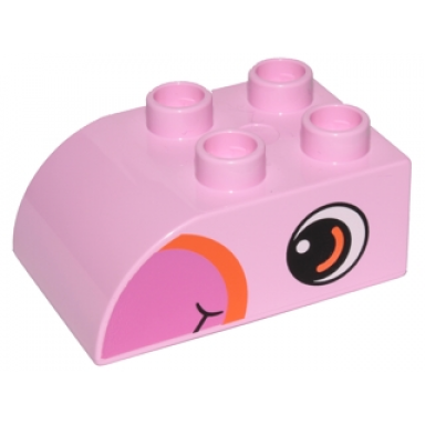 bright pink duplo brick 2 x 3 slope curved with dark pink beak and circled black eye with orange arc and white pupil pattern on both sides
