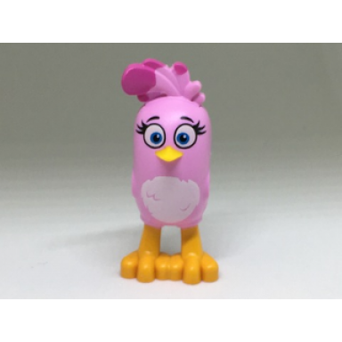bright pink body angry birds stella with fixed flexible rubber bright light orange beak and printed black eyebrows eyelashes dark azure eyes magenta feathers white stomach and bright light orange feet pattern