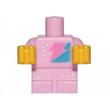 bright pink body baby toddler with fixed arms with molded yellow hands and printed dark pink lightning bolt and silver dots pattern