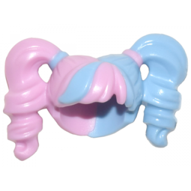bright pink minifigure hair female pigtails high bouncy hole on top with bright light blue hair on left side and tie on right side pattern