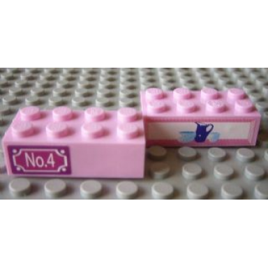 bright pink brick 2 x 4 with no.4 and jug and bowls pattern stickers - set 7586