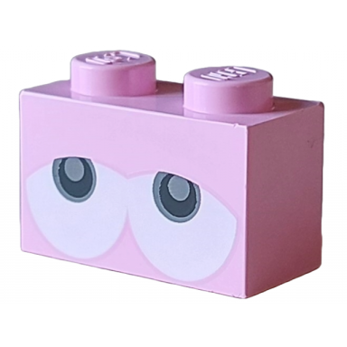 bright pink brick 1 x 2 with black and dark bluish gray eyes partially closed on white background pattern super mario baby yoshi