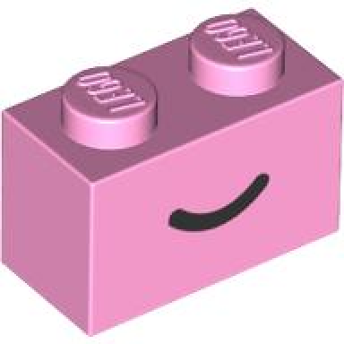 bright pink brick 1 x 2 with black smile curved line pattern