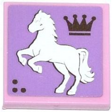 bright pink tile 2 x 2 with crown and white rearing horse facing left pattern sticker - set 3185