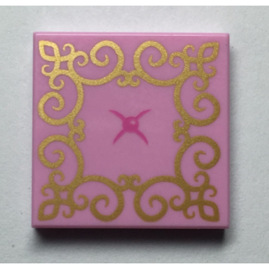 bright pink tile 2 x 2 with gold lace and bright pink button pattern cushion