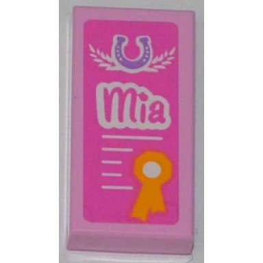 bright pink tile 1 x 2 with horseshoe mia and award ribbon on dark pink background pattern sticker - set 3189