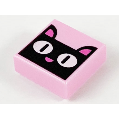 bright pink tile 1 x 1 with black cat head face white eyes and dark pink ears and nose pattern