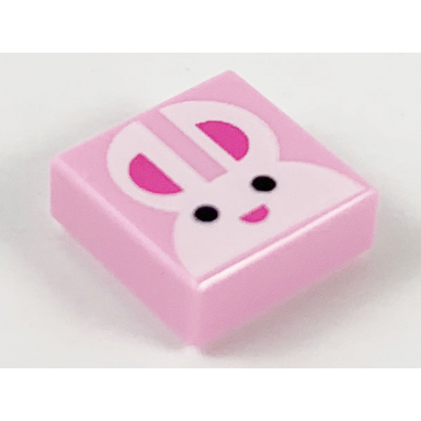bright pink tile 1 x 1 with white bunny rabbit head face black eyes and dark pink ears and nose pattern
