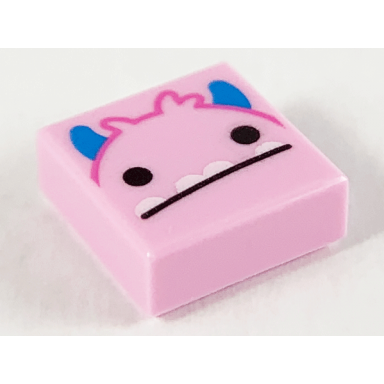 bright pink tile 1 x 1 with neutral monster face dark azure horns black eyes and 4 white underbite teeth pattern