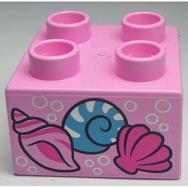 bright pink duplo brick 2 x 2 with 3 shells and silver bubbles pattern