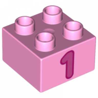 bright pink duplo brick 2 x 2 with number 1 dark pink pattern