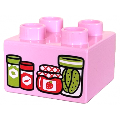 bright pink duplo brick 2 x 2 with lime and red jars with herbs strawberry jelly and pickles pattern