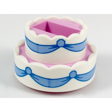 bright pink cake double layer with white icing and bright light blue ribbons pattern
